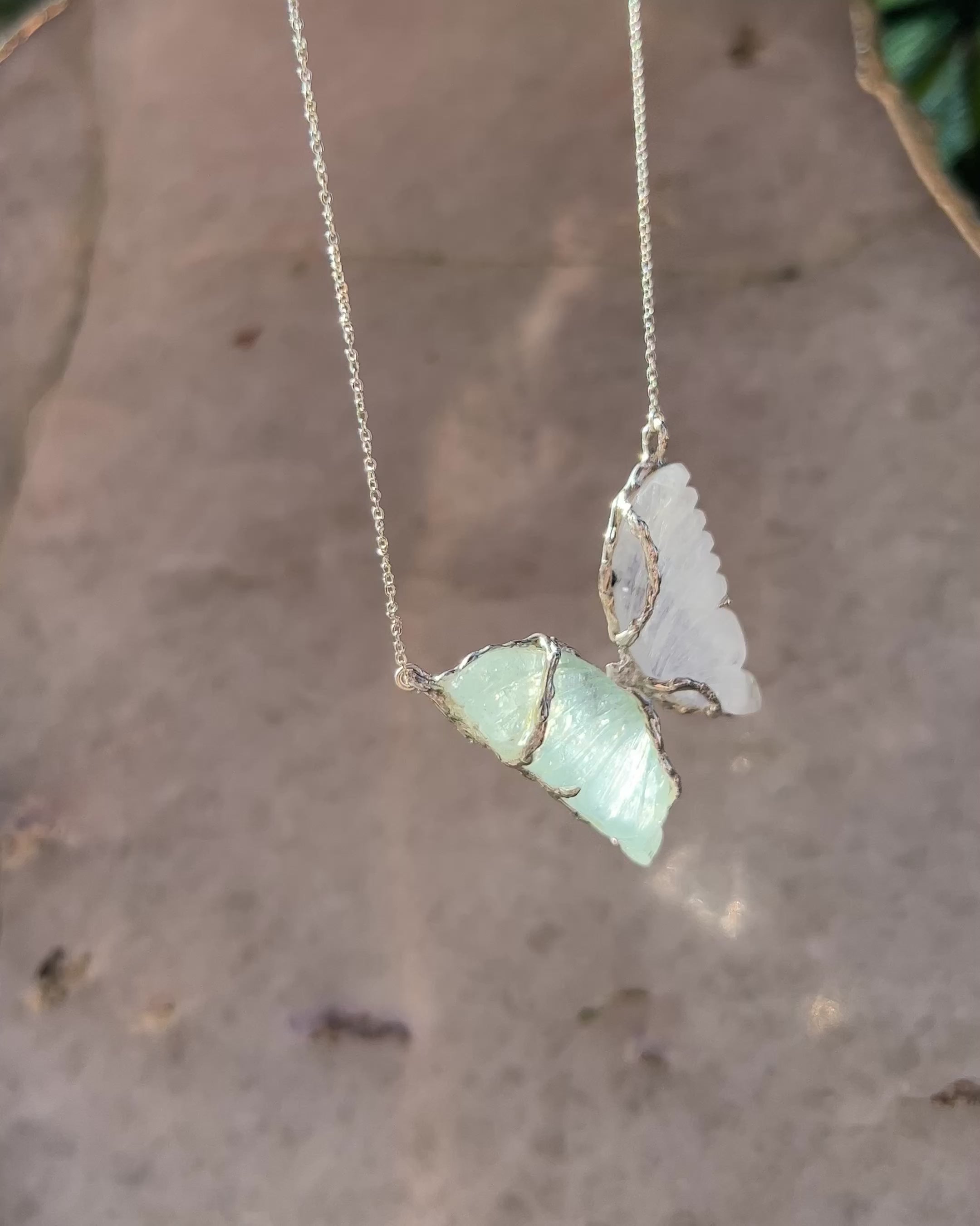 Duality Butterfly Necklace ⋄ Rainbow Moonstone & Aquamarine