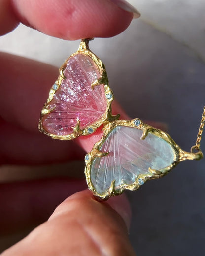 Duality Butterfly Necklace ⋄ Aquamarine & Pink Tourmaline ⋄ Gold vermeil