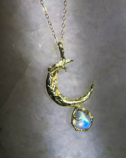 Crescent Moon Amulet ⋄ Rainbow Moonstone