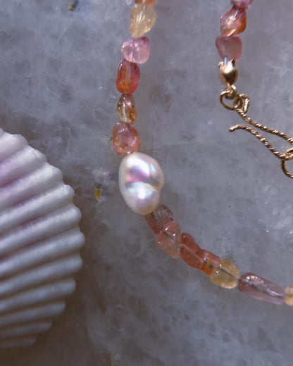 Tangerine Sunset Ocean Pebbles Necklace ⋄ Peach Tourmaline & Pearl