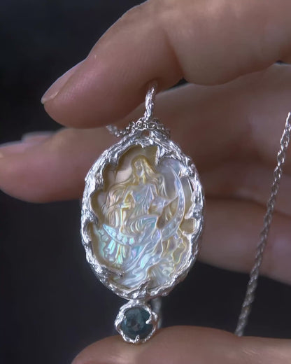 Moon Goddess Amulet ⋄ Mother of Pearl & Blue Tourmaline